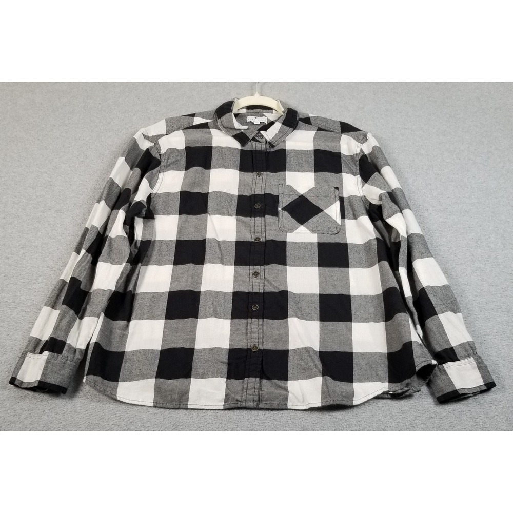 True Craft Flannel Shirt Women L Large Black White Buffalo Plaid Button Up Fall